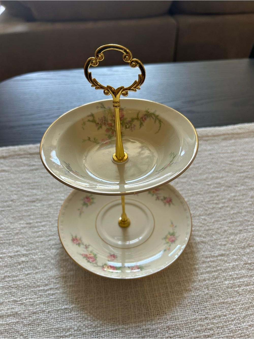 Elegant Two-Tier Serving Stand in Cream with Gold Trim